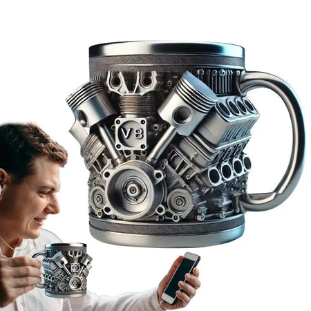 Handmade 3D V8 Engine Tankard — Resin & Stainless Steel Coffee & Beer Mug for Home, Office, Garage