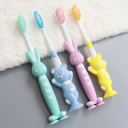 Kids Baby Soft-Bristled Toothbrush - Bamboo Charcoal Short Handle with Cute Rabbit Bear Design, 4Pcs/Set