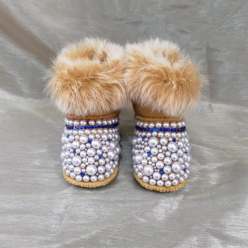 Dollbling Mommy & Daughter Custom Pearls Boots - Handmade Luxury Fur Infant Beaded Winter Booties