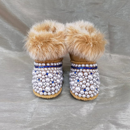Dollbling Mommy & Daughter Custom Pearls Boots - Handmade Luxury Fur Infant Beaded Winter Booties