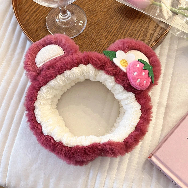 Strawberry Bear Plush Ear Face Wash Headband - Cute Cartoon Non-Slip Hairband for Women, Soft Cashmere