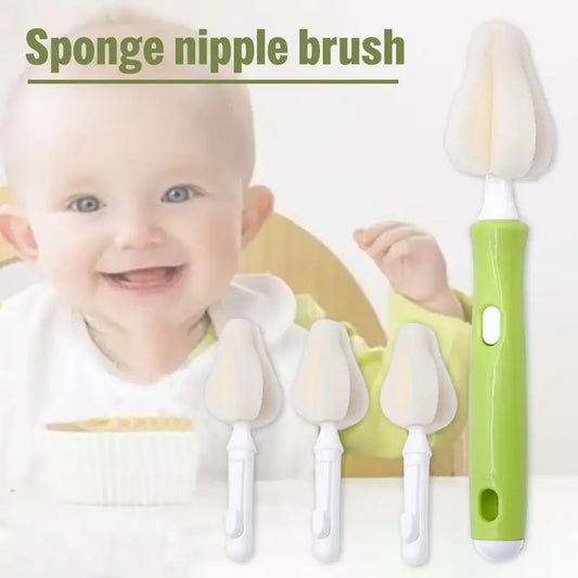 Sponge Brush Baby Nipple Milk Bottle Cup 360-Degree Cleaning Pacifier with 4 Replacement Sponge Heads for Special Cleaning