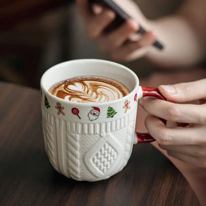 Embossed Christmas Sweater Ceramic Coffee Mug — Cute Cartoon Holiday & Birthday Gift for Women