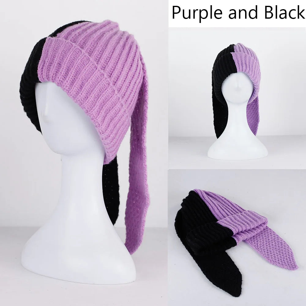 Rabbit Ears Knit Beanie – Colorblock Patchwork Cute Warm Unisex Winter Hat for Men & Women