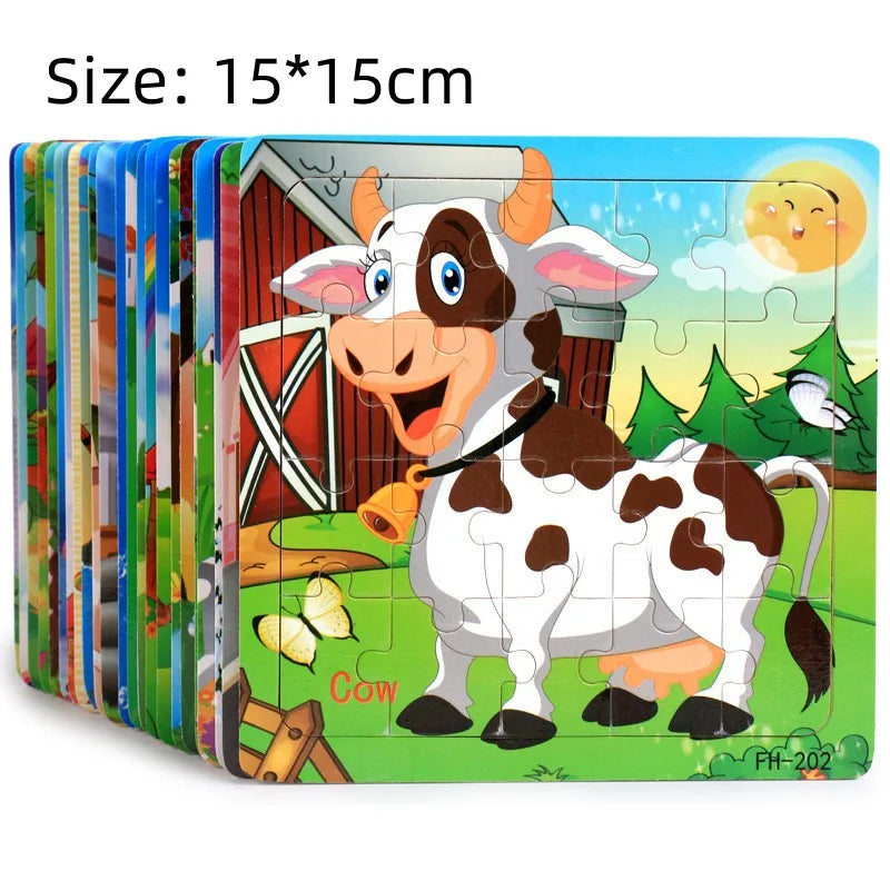 New 20 Piece Wooden 3D Puzzle, Cartoon Animal & Vehicle Jigsaw, Montessori Educational Toy for Kids, Baby 1-3 Years