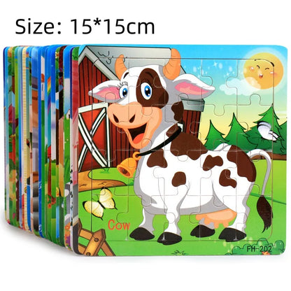 New 20 Piece Wooden 3D Puzzle, Cartoon Animal & Vehicle Jigsaw, Montessori Educational Toy for Kids, Baby 1-3 Years