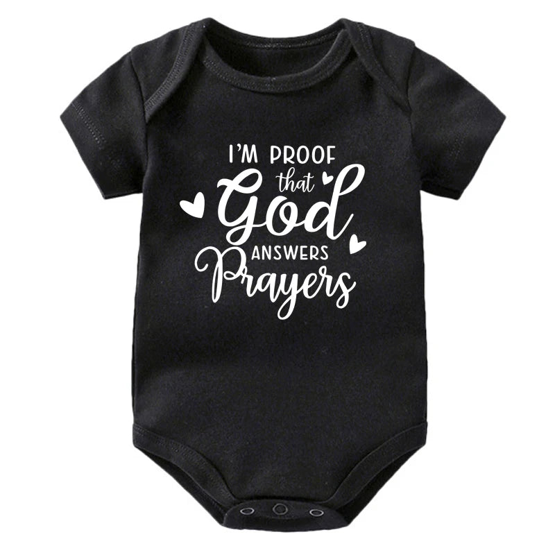 “I’m Proof God Answers Prayers” – Christian Newborn Baby Bodysuit, Short-Sleeve Infant Jumpsuit, Cute Summer Outfit & Holiday Gift
