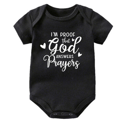 “I’m Proof God Answers Prayers” – Christian Newborn Baby Bodysuit, Short-Sleeve Infant Jumpsuit, Cute Summer Outfit & Holiday Gift