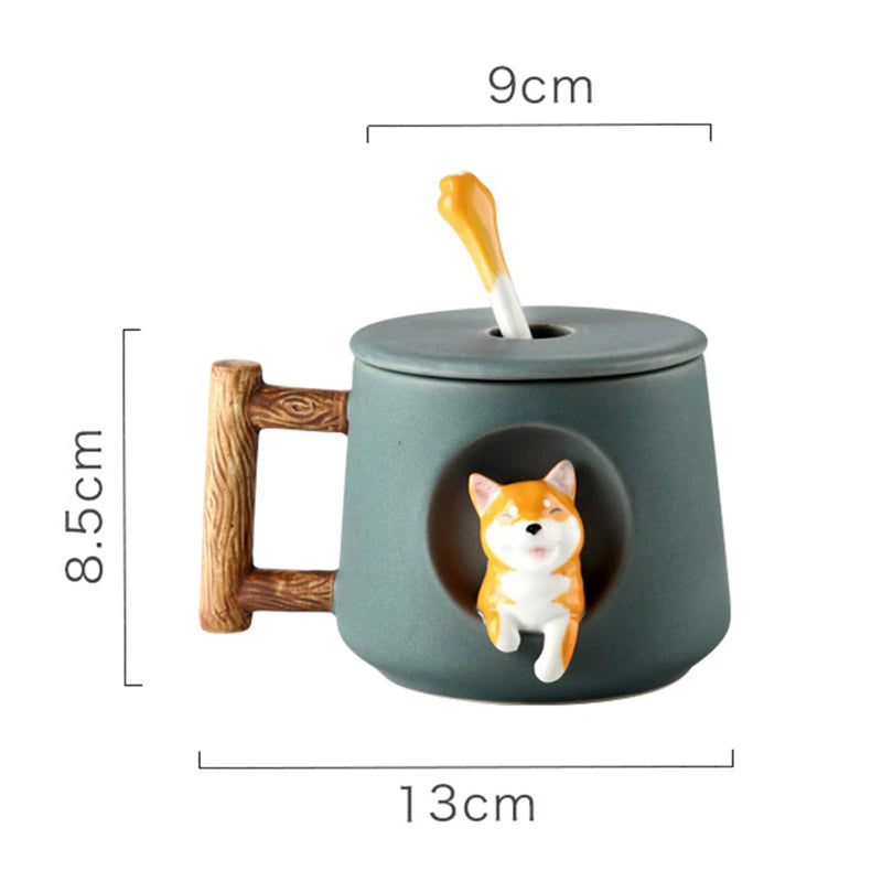 420ml (14.2 fl oz) 3D Shiba Inu Ceramic Mug with Lid & Spoon — Cute Cartoon Coffee & Milk Tea Cup, Gift for Girls