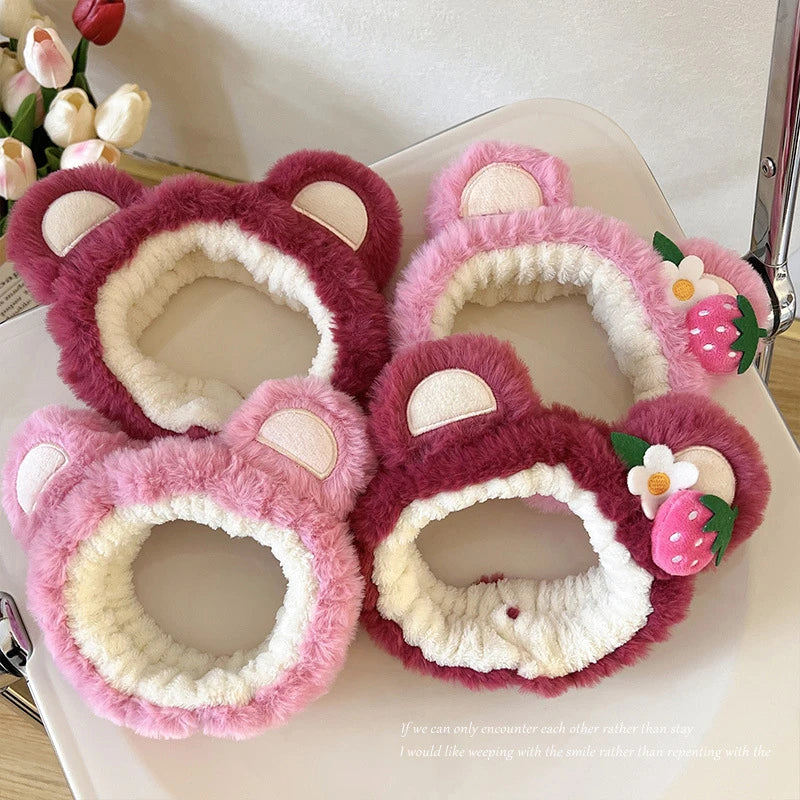 Strawberry Bear Plush Ear Face Wash Headband - Cute Cartoon Non-Slip Hairband for Women, Soft Cashmere