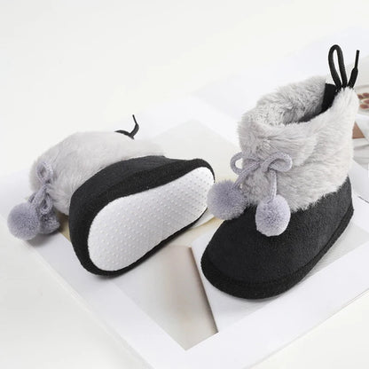 Winter Plus Velvet Snow Booties for Baby, Warm Boots Shoes, Baby Girl Shoes with Pompom, Soft Sole Indoor Walking Shoes
