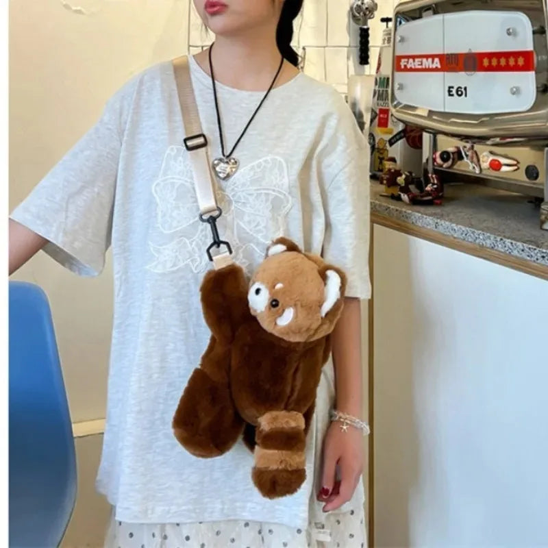 Red Panda Plush Backpack – Cute Fur Plushie Crossbody and Soft Shoulder Bag for Women