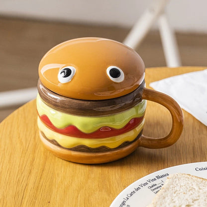 300ml (10 fl oz) Ceramic Hamburger Mug with Lid — Cute Cartoon Kids Coffee, Milk & Breakfast Cup