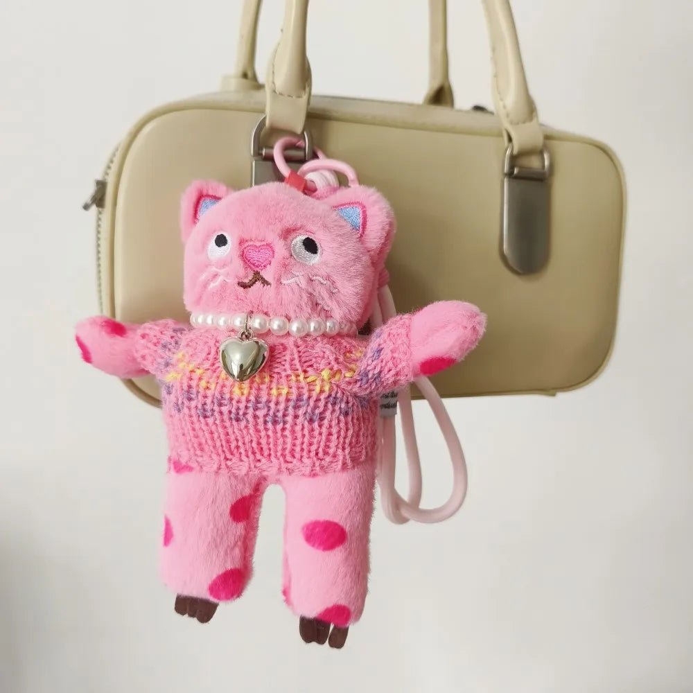 15cm Kawaii Pink Cat Plush Keychain, Animal Doll Pendant for Car and Bag Decoration