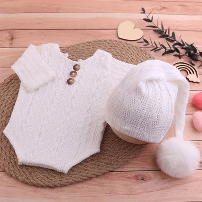 Ylsteed 2-Piece Set Newborn Photo Shooting Clothes – Knitted Baby Boy Jumpsuit with Pompom Hat Infant Photography Props