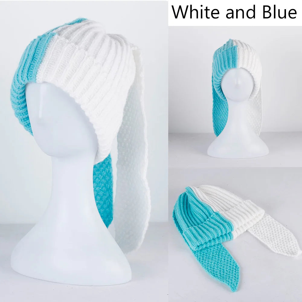 Rabbit Ears Knit Beanie – Colorblock Patchwork Cute Warm Unisex Winter Hat for Men & Women