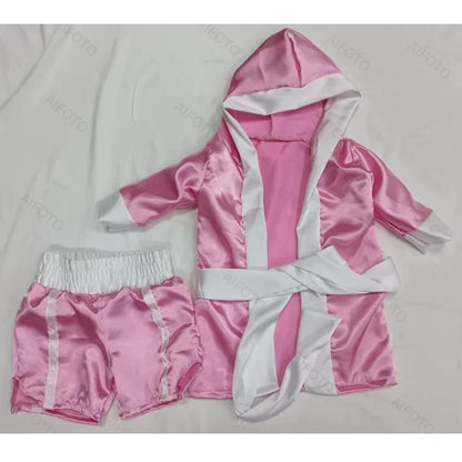 Baby Boxer Red Robe & Pants Set – Sanda Free Fight Boxing Glove Shorts for Newborn Photography Props & Infant Photo Accessories