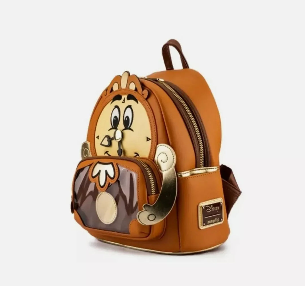 PU Leather Stitch Scrump Plush Mini Backpack – Beauty and the Beast Cogsworth Double Shoulder Bag