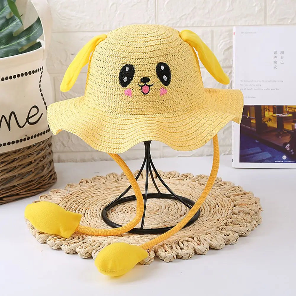 Kids Straw Sun Hat with Pop-Up Bunny Ears — Wide Brim 6.5 cm (2.6 in), 54 cm (21.3 in) Head — UPF 50+ Unisex Beach & Summer Hat, TikTok-Trending