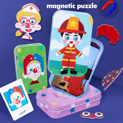 Magnetic 3D Puzzle, Children Dress Up Expression, Travel Tin Box Jigsaw Game, Early Education Imagination Toy, Gifts for Girls