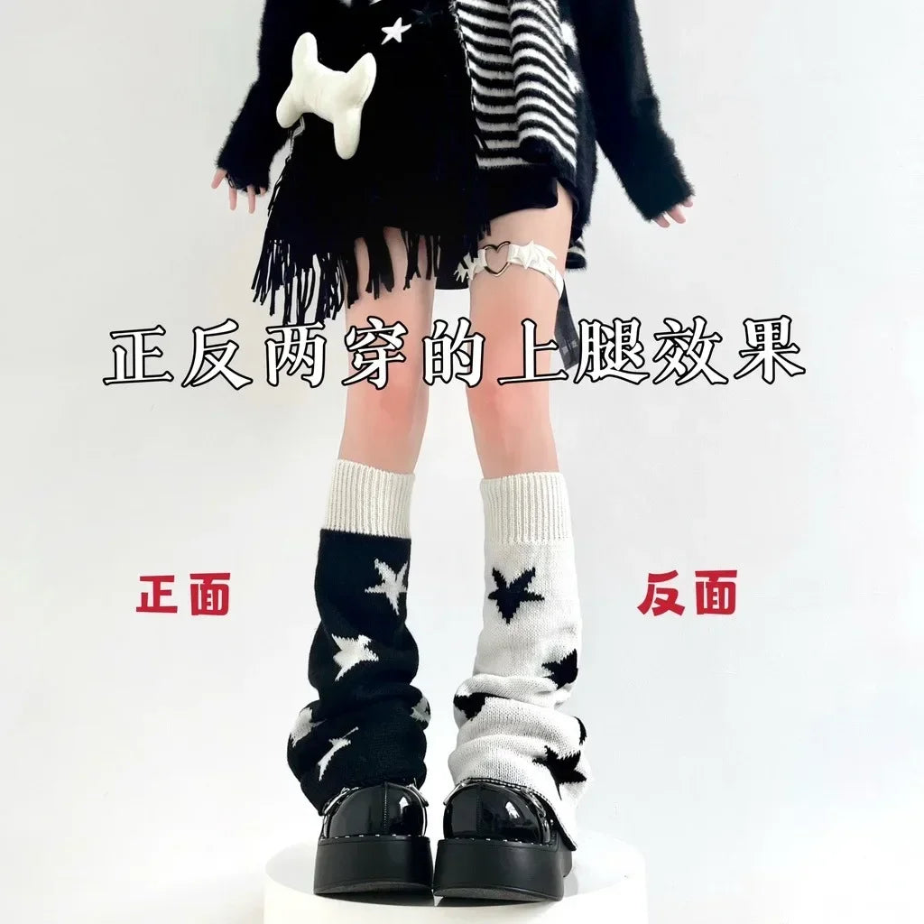 Y2K Punk Knitted Leg Warmers - Star Gothic Cross Harajuku Women Heart Two-Side Wear Loose Fit Leg Covers | JK Thigh High Lolita Socks