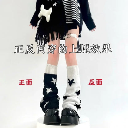 Y2K Punk Knitted Leg Warmers - Star Gothic Cross Harajuku Women Heart Two-Side Wear Loose Fit Leg Covers | JK Thigh High Lolita Socks