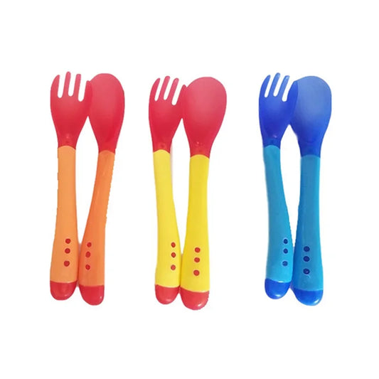 Baby Temperature Sensing Spoon & Fork Set for Newborns - Safety Flatware, Anti-Scald Feeding Utensils, Solid Spoons for Children