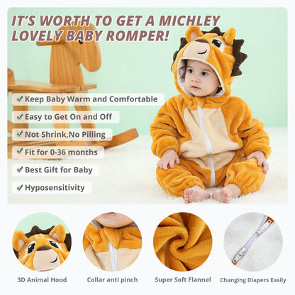 MICHLEY Halloween Dinosaur Baby Romper – Hooded Flannel Jumpsuit for Toddlers & Infants, Winter Costume Bodysuit for Kids