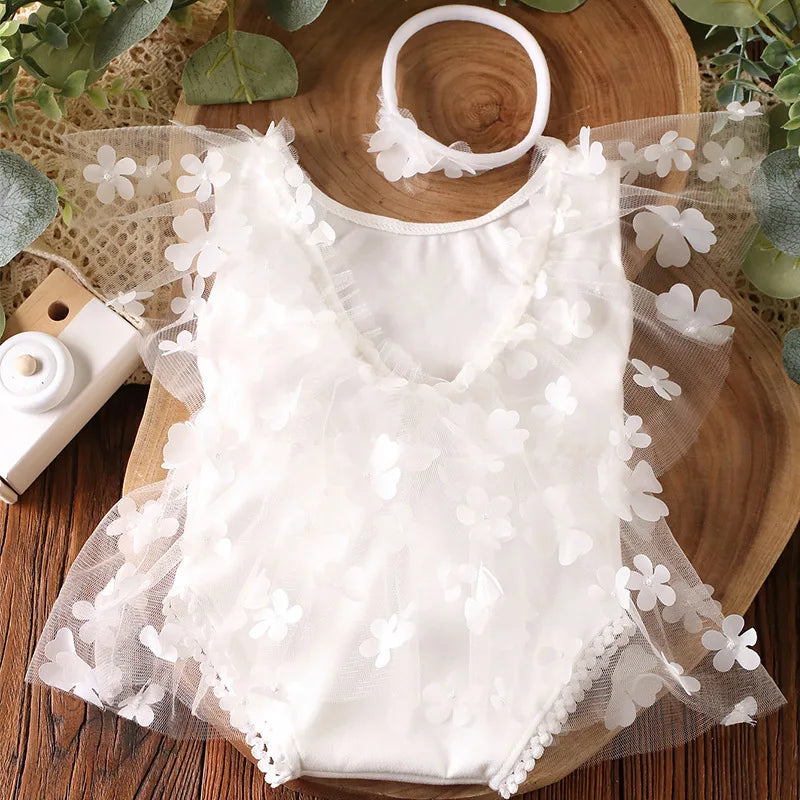 Ylsteed 2-Piece Newborn Girl Photography Outfit – Embroidered Flower Romper with Headband for Baby Photo Shoots