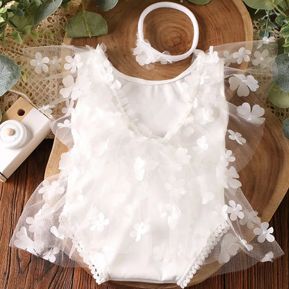 Ylsteed 2-Piece Newborn Girl Photography Outfit – Embroidered Flower Romper with Headband for Baby Photo Shoots