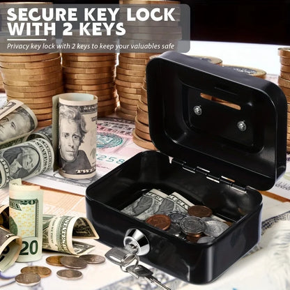 Metal Cash Box with Key Lock Secure Coin Storage Piggy Bank for Office and Home with Handle