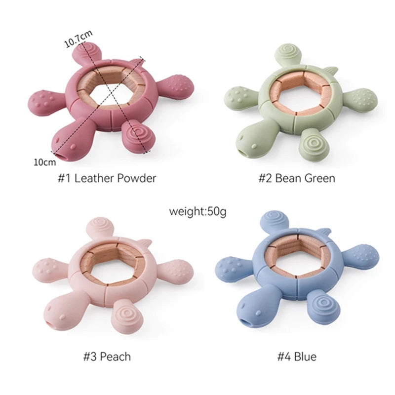 1pc BPA-Free Silicone Turtle Teether - Rodent Shape Baby Gum Pain Relief with Wooden Teether Ring | Infant Sensory Toy Gift