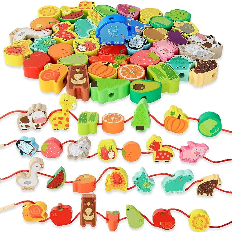 Montessori Baby DIY Wooden Toy – Cartoon Fruit and Animal Stringing with Threading Wooden Beads, Educational Toy for Kids Christmas Gift