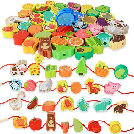 Montessori Baby DIY Wooden Toy – Cartoon Fruit and Animal Stringing with Threading Wooden Beads, Educational Toy for Kids Christmas Gift