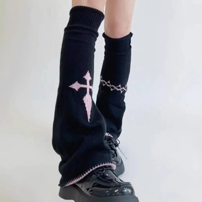 Y2K Punk Knitted Leg Warmers - Star Gothic Cross Harajuku Women Heart Two-Side Wear Loose Fit Leg Covers | JK Thigh High Lolita Socks