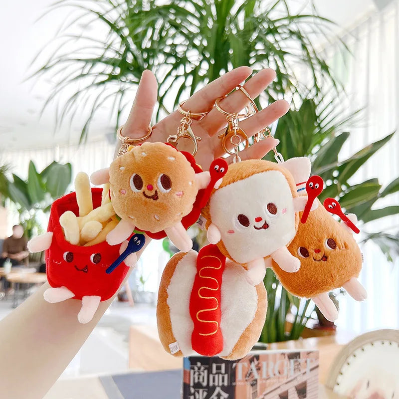 5PCS French Fries and Burger Plush Bag Hanging Keychain Set, Cute Couple Car Decoration