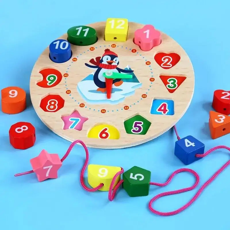 Wooden Number Blocks Puzzle, Shape & Color Sorting Clock, Montessori Toy for Kids, Early Education, Penguin Patterns, Time Learning