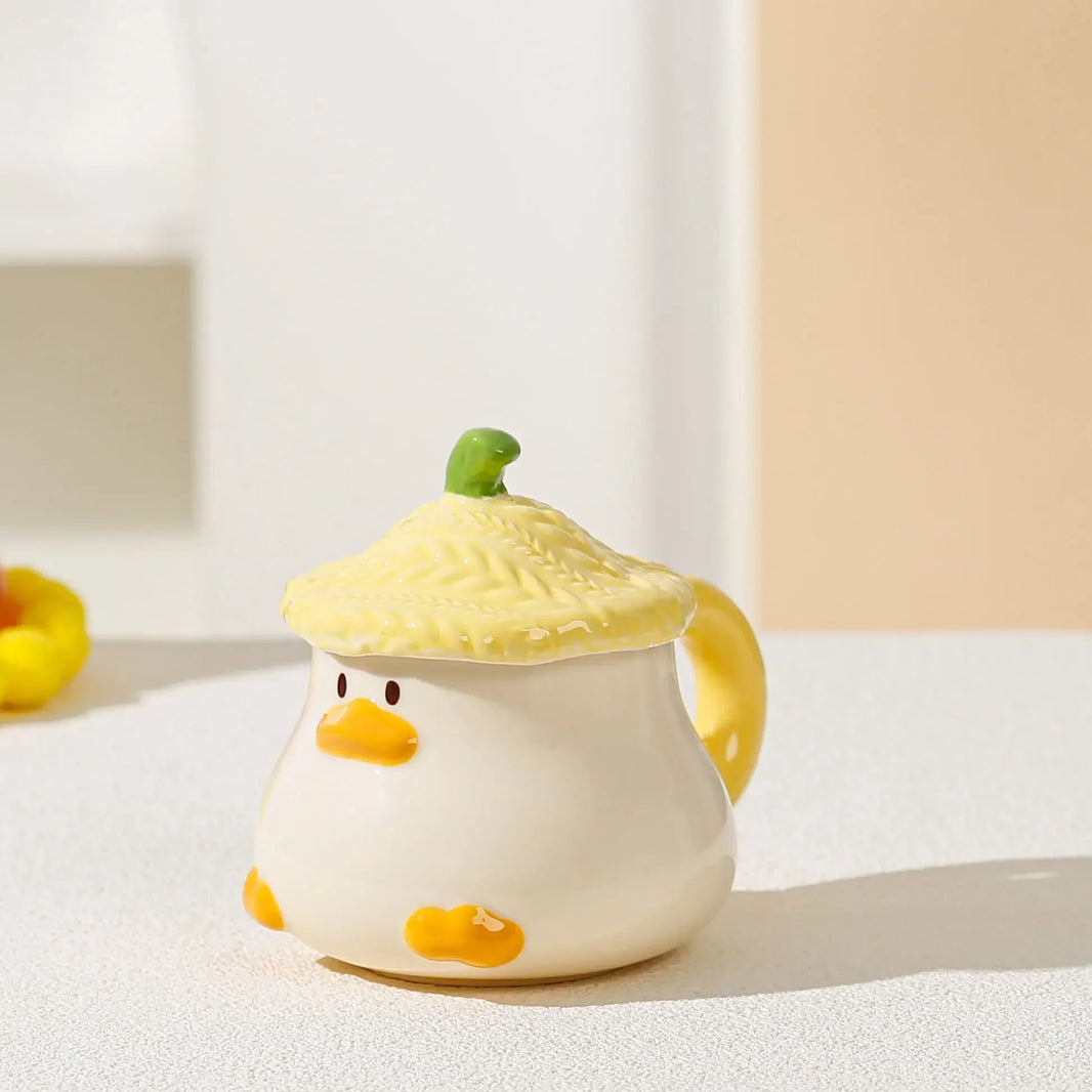 Cute Cartoon Duck Ceramic Mug with Lid & Spoon – 400ml (13.5 fl oz) Coffee Cup for Home & Office