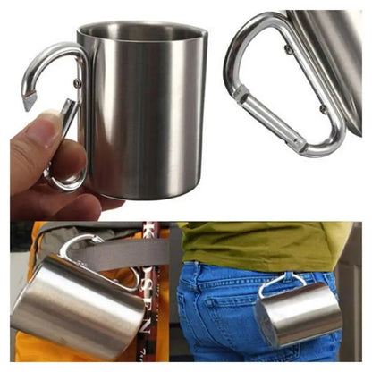 220ml (7.4 fl oz) Stainless Steel Camping Mug with Carabiner Handle, Double‑Wall Portable Travel Cup