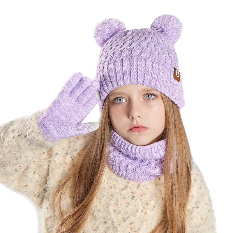 3Pcs Winter Kids Hat Set – Warm Knitted Beanie, Scarf & Gloves for Girls & Boys, Fleece Lining with Pompom, Children’s Cap (4-10 Years) – view 7