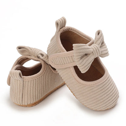 Khaki Baby Casual Shoes 0-18M Infant Toddler Bowknot Non-Slip Rubber Soft-Sole Flat PU First Walker Newborn Mary Janes