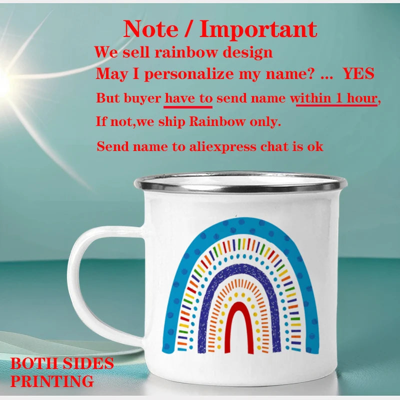 Personalized Rainbow Enamel Mug – Custom Name Coffee, Tea & Milk Cup, 3.14 in x 3.35 in (8 x 8.5 cm) – Kids Gift