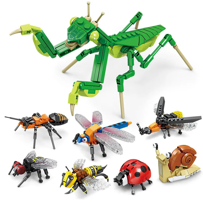 Creative Building Blocks Insect Models – Bee, Dragonfly, Ant, and Mantis Assembled Toys for Kids