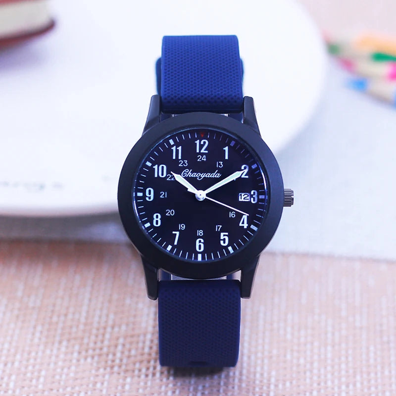 Fashion Boys and Girls Multifunction Date 24-Hour Waterproof Watch with Soft Silicone Strap High-Quality Student Gift