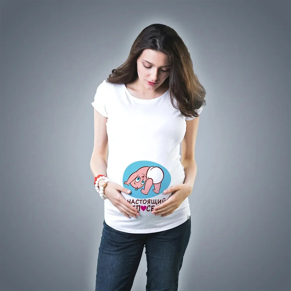 Fashionable Cute Baby Pregnancy T-Shirt for Women | Pure Cotton Printed Fun Summer Short Sleeve White Top