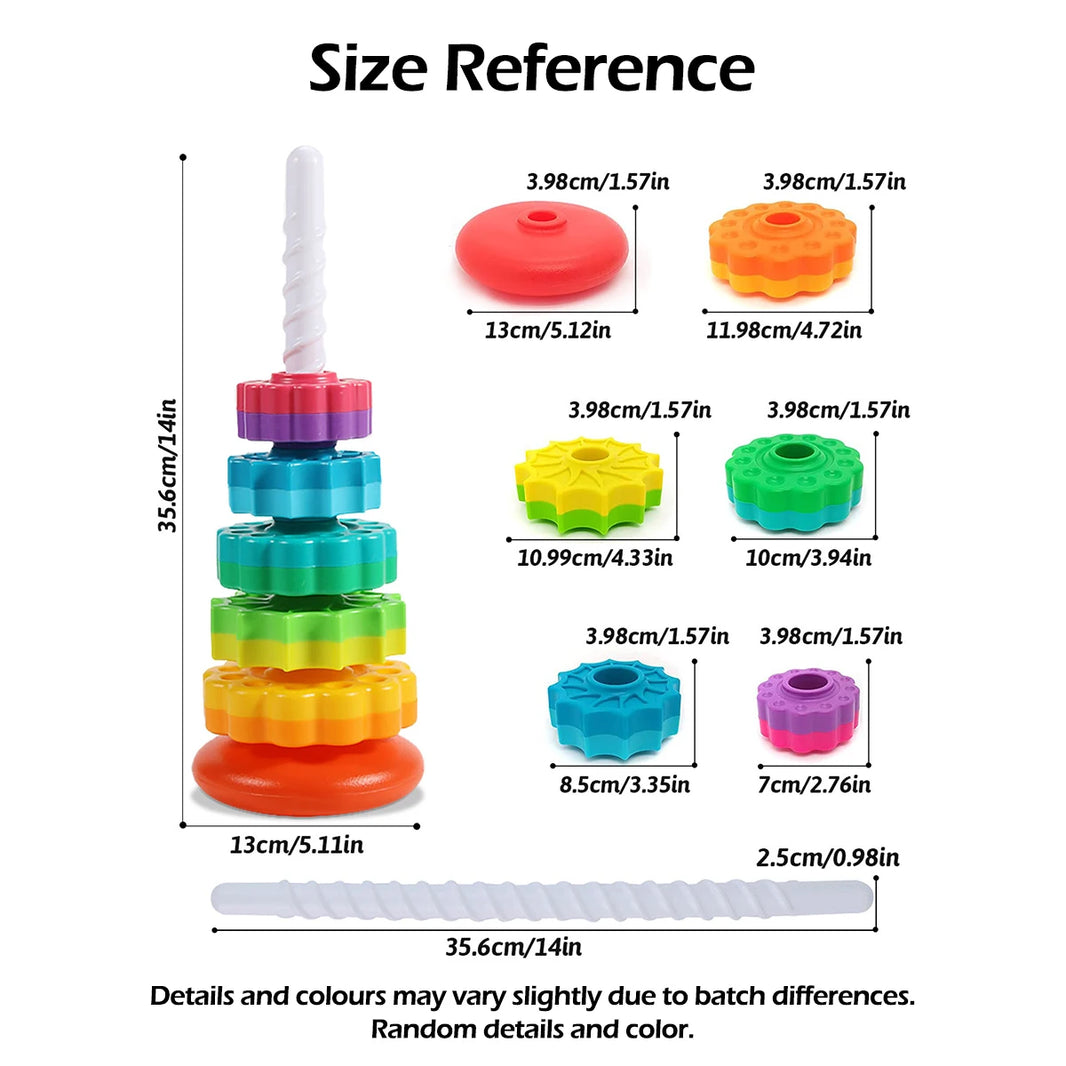 Montessori Rotating Rainbow Tower – Baby Stacking Puzzle Toy, Colored, Safe and Eco-Friendly
