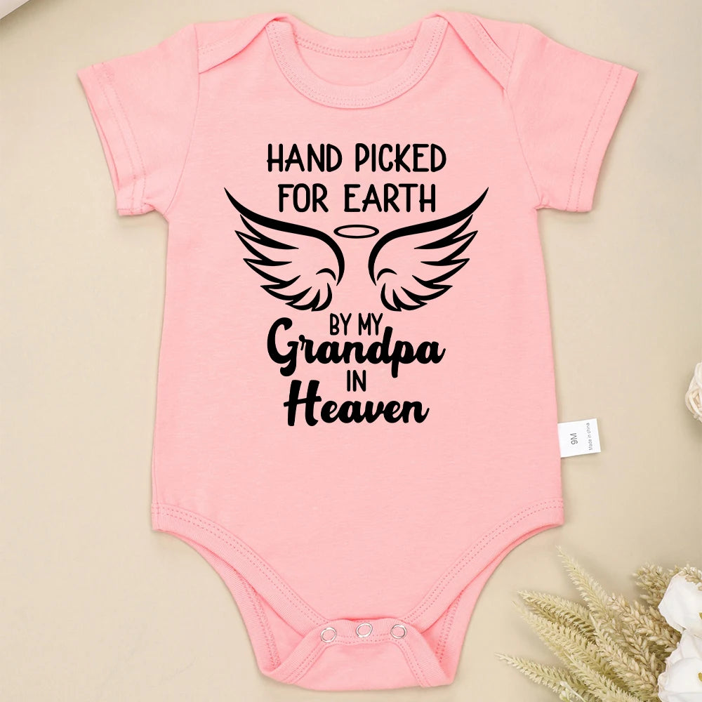 “Hand Picked for Earth by My Grandpa in Heaven” – Cute Newborn Onesie, Cotton Baby Bodysuit for Boys & Girls, Special Gift for Newborns