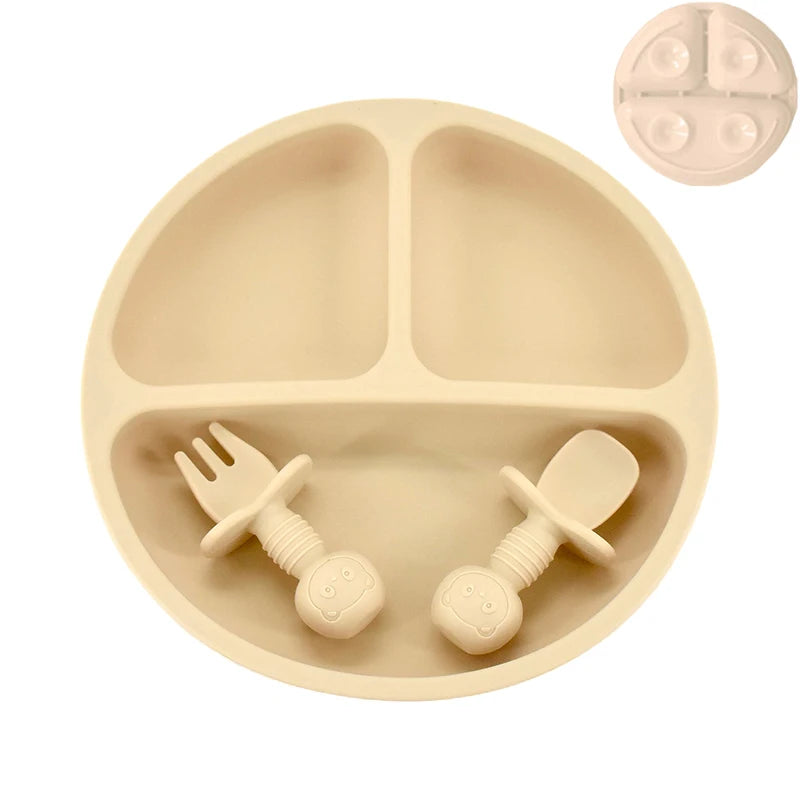 4Pcs Baby Safe Silicone Dining Plate Set - Cute Cartoon Smile Face Children Dishes, Retro Kids Tableware Set (BPA-Free)