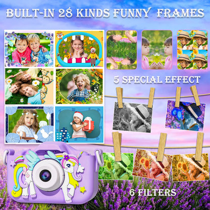 Kids Mini Cartoon Unicorn Camera Toy with 2-Inch Screen, 1080P HD Video, 32GB SD Card, Birthday Gift