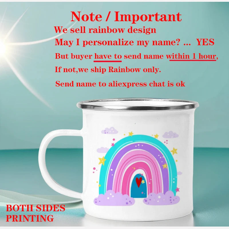 Personalized Rainbow Enamel Mug – Custom Name Coffee, Tea & Milk Cup, 3.14 in x 3.35 in (8 x 8.5 cm) – Kids Gift